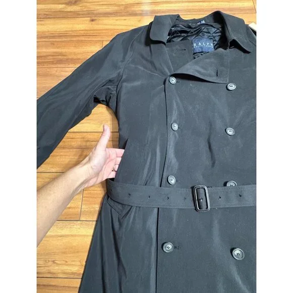 Vtg Ralph Lauren Trench Coat 44 Wool Bld Black Double-Breasted Belt Lined Men's - Picture 8 of 12